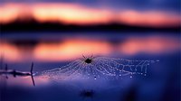 Spider web with morning dew drops on barbed wire fence at sunrise reflecting in calm water creating peaceful nature scene for meditation and tranquility concepts.
