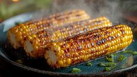 Grilled corn on cob with charred marks and steam rising, served on decorative plate with fresh herbs. Golden kernels show caramelization and smoky texture.