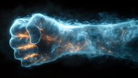 Glowing blue and orange smoke forming powerful fist shape against black background, dynamic motion effect creates ethereal energy visualization.