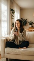 Relaxed young woman enjoying morning coffee on cozy living room sofa with warm natural light and houseplants creating peaceful home atmosphere.