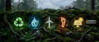 Neon sustainability icons glowing on moss-covered branch in forest setting, representing recycling, renewable energy, and eco-friendly solutions for environmental conservation campaigns.