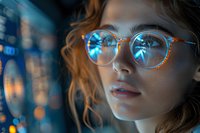 Young Caucasian woman in round glasses with blue light reflection, dramatic night city bokeh background creates moody atmospheric portrait with soft focus.