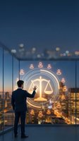 Businessman interacting with glowing justice scales hologram surrounded by people icons in modern office overlooking city skyline at dusk.