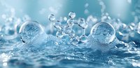 Molecular structure and water drops in dynamic splash on blue background, macro photography showing crystal clear liquid formations and bubbles in motion.