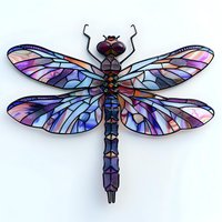 Colorful dragonfly with stained glass style wings in purple and blue tones on isolated background, artistic nature illustration for decorative design projects.