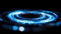 Glowing blue spiral light trail with bokeh effect on black background creates futuristic energy vortex pattern for technology and science concepts.