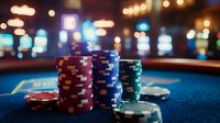 Stacks of colorful poker chips on blue casino table with blurred bokeh lights in background, creating atmospheric gambling environment for gaming concepts.