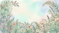 Soft watercolor floral border with wildflowers, ferns, and eucalyptus on pastel background, perfect for cards, invitations, and wall art.