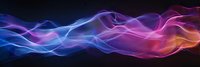 Vibrant flowing waves of blue, pink and purple light create dynamic abstract panoramic background with glowing ethereal smoke effect. Suitable for wide banner design.