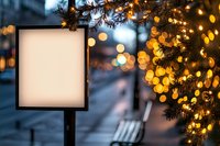 Empty illuminated sign frame against blurred winter street background with glowing Christmas lights and pine branches creating magical holiday atmosphere.
