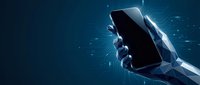 Hand holding smartphone with glowing digital network connections and data streams on dark blue technology background for mobile app development.