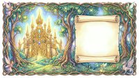 Fantasy castle with ornate golden towers framed by magical twisted vines and blank parchment scroll for text on decorative border background.