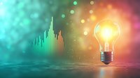 Glowing light bulb with digital graph bars on vibrant turquoise and orange background with bokeh effect, symbolizing innovation and business analytics.