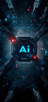 Futuristic octagonal tunnel with glowing AI symbol in neon blue, surrounded by mechanical elements and floating particles against dark background.