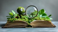 Whimsical green monster toy with magnifying glass sits on open vintage book decorated with moss and green leaves against blurred background.