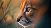 Close-up profile of caracal wildcat with distinctive ear tufts against blurred natural background, showcasing amber eye and facial features in warm lighting.