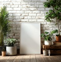 Empty frame mockup against white brick wall with indoor plants and wooden floor, perfect for artwork display.