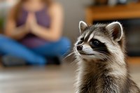 Close-up portrait of young raccoon in home environment with blurred person in background, showing curious expression and distinctive facial markings.