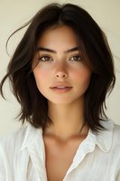 Young woman with dark shoulder-length hair and natural makeup wearing white button-up shirt poses against light background. Close up portrait with soft lighting.