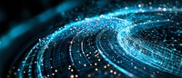 Glowing blue digital network with light particles forming curved grid patterns on dark background, representing technology and connectivity.