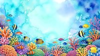 Vibrant watercolor underwater scene with colorful tropical fish and coral reef, featuring a bright turquoise copy space for text or design.