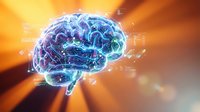 Digital brain with glowing neural networks and circuit patterns floating in space with bright orange light rays for technology and AI concepts.