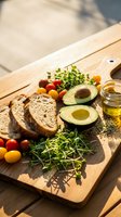 Fresh avocado toast ingredients on wooden cutting board with microgreens, cherry tomatoes, olive oil and artisan bread for healthy breakfast preparation.