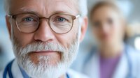 Confident senior male doctor with white beard and glasses smiling at camera. Medical professional in hospital setting with colleague in background.