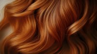Luxurious wavy copper red hair with golden highlights flowing in soft curls against blurred background, showcasing natural shine and professional styling.