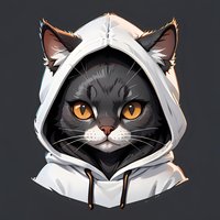 Black cat wearing white hoodie with bright orange eyes against dark background, stylized anime-inspired character portrait for gaming, streetwear design or mascot.
