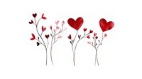 Delicate watercolor heart flowers in red and pink shades with black stems create romantic floral composition on white background, suitable for Valentine's cards.