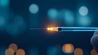 Medical syringe with glowing needle tip against blurred blue bokeh background, creating futuristic healthcare atmosphere for vaccination concept.