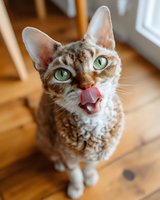 Curious Devon Rex cat with green eyes licking its nose while sitting on wooden floor, looking up at camera with attentive expression.