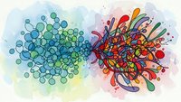 Abstract watercolor composition with organic blue circles and vibrant red orange flowing lines creating dynamic contrast on white background.