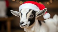 Adorable young goat wearing red Santa hat for Christmas holiday celebration with warm bokeh lights background creating festive farm animal portrait.