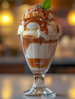 Decadent ice cream sundae layered with caramel sauce, whipped cream, colorful sprinkles and mint leaf garnish in classic glass, set against warm bokeh background.