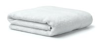 Folded white fluffy towel on white background, suitable for spa, hotel, bathroom, and wellness product marketing materials.