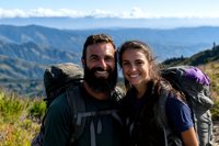Happy couple with backpacks smiling on mountain trail with panoramic view of rolling hills and distant peaks in background.
