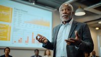Senior African American businessman giving presentation in modern office with data charts projected on screen, gesturing while speaking to colleagues.