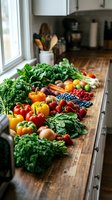 Fresh organic vegetables and fruits arranged on wooden kitchen counter for healthy cooking and meal preparation.