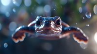 Curious frog face peering through water drops with blurred bokeh background, creating magical underwater atmosphere. Close-up amphibian portrait shows detailed texture.