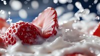 Fresh ripe strawberry with cream splash and milk drops on dark background, macro shot with selective focus for food advertising and packaging.
