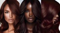 Diverse women with glossy brown and burgundy hair showing different skin tones and hairstyles, demonstrating professional hair coloring and styling results.