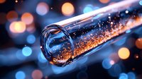 Transparent glass tube filled with glowing golden particles and sparkling light effects against blurred bokeh background, suitable for science, technology, innovation, and abstract design projects.