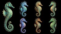 Seahorse collection in multiple color variations isolated on transparent background, ready for t-shirt design, clipart, stickers, sublimation and print-on-demand products.