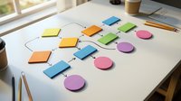 Business planning workflow with colorful sticky notes and circular markers on white paper for project management and strategic organization.