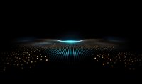 Abstract digital wave pattern with glowing blue light effect on black background, featuring geometric dots and lines creating dynamic futuristic surface.