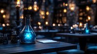 Mysterious alchemy laboratory with glowing blue potion in glass flask, burning candle and magical atmosphere for fantasy gaming and storytelling projects.