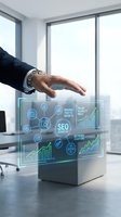 Businessman hand interacting with glowing SEO strategy holographic interface showing organic traffic growth and keyword clusters in modern office.