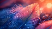 Delicate feather with water drops in magical pink and blue lighting, glowing bokeh effect creates dreamy atmosphere. Macro photography reveals intricate details and sparkles.